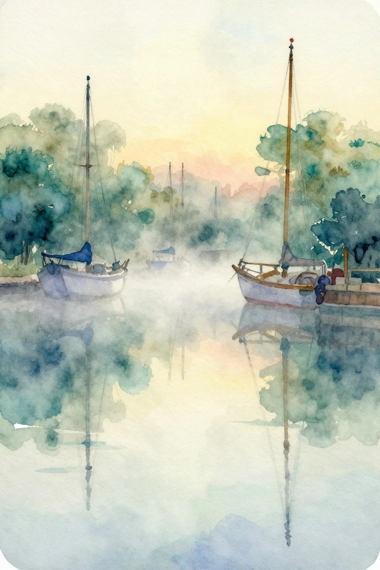 Watercolor of sailboats moored on misty water with reflections and green trees