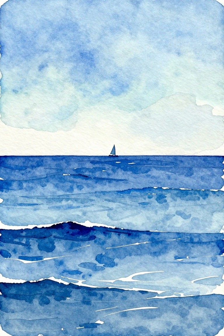 A watercolor painting of blue ocean waves with white foam lines and a small sailboat centered on the horizon under a pale sky.