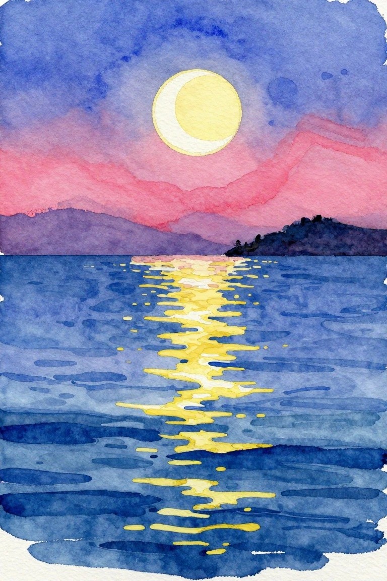 Watercolor painting of a crescent moon over the ocean with a yellow reflection on blue water and pink-blue sky above dark hills.
