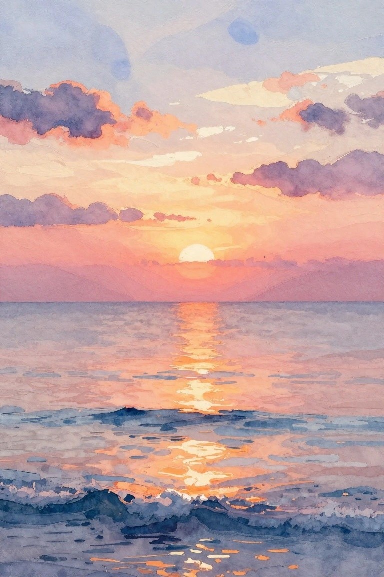 Watercolor sunset over ocean with pink-orange clouds reflecting on gentle waves.
