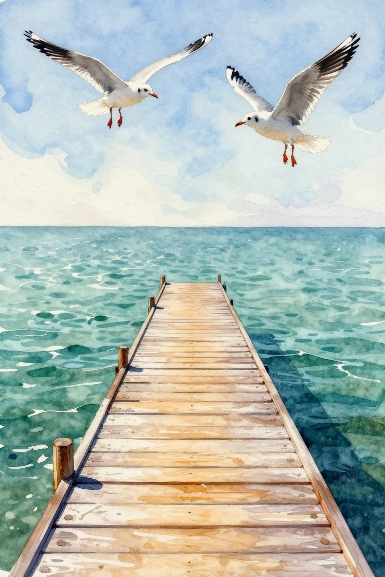 Watercolor of wooden pier over turquoise sea with two seagulls in flight