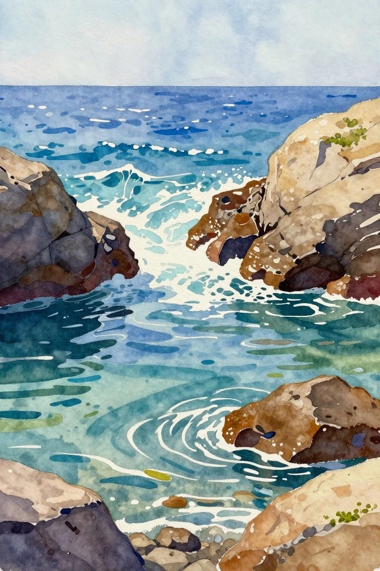 Watercolor seascape of turquoise waves swirling between brown rocky cliffs.