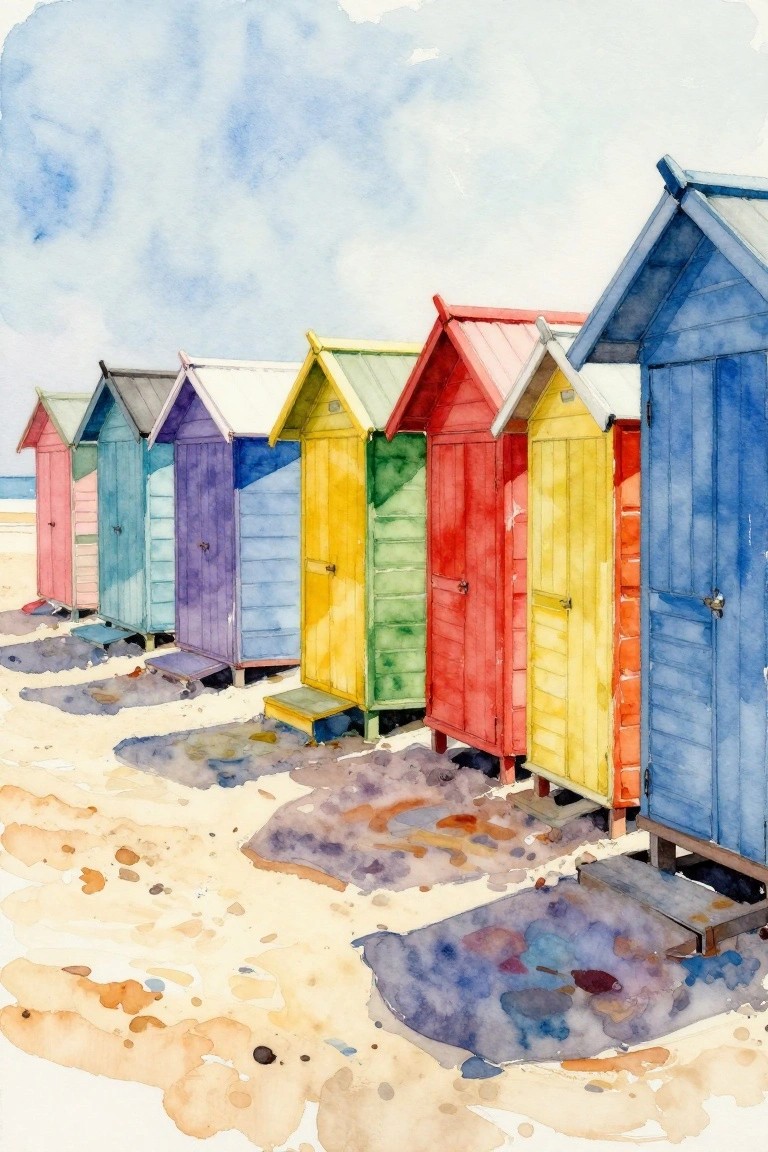 Row of vibrant watercolor beach huts lined up on sandy shore