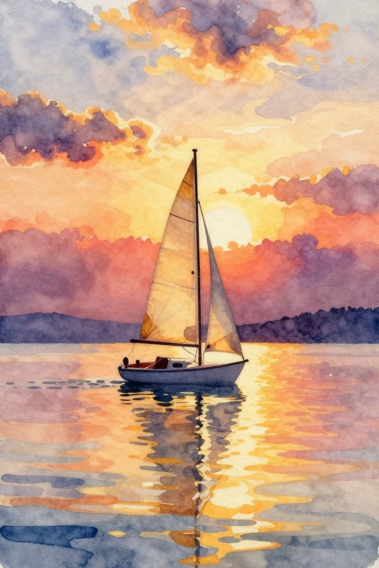 Watercolor sailboat on calm water reflecting vibrant orange purple sunset sky and clouds