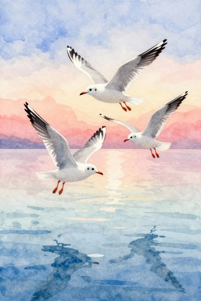 Three seagulls soar over shimmering water beneath a colorful pastel sky in watercolor.