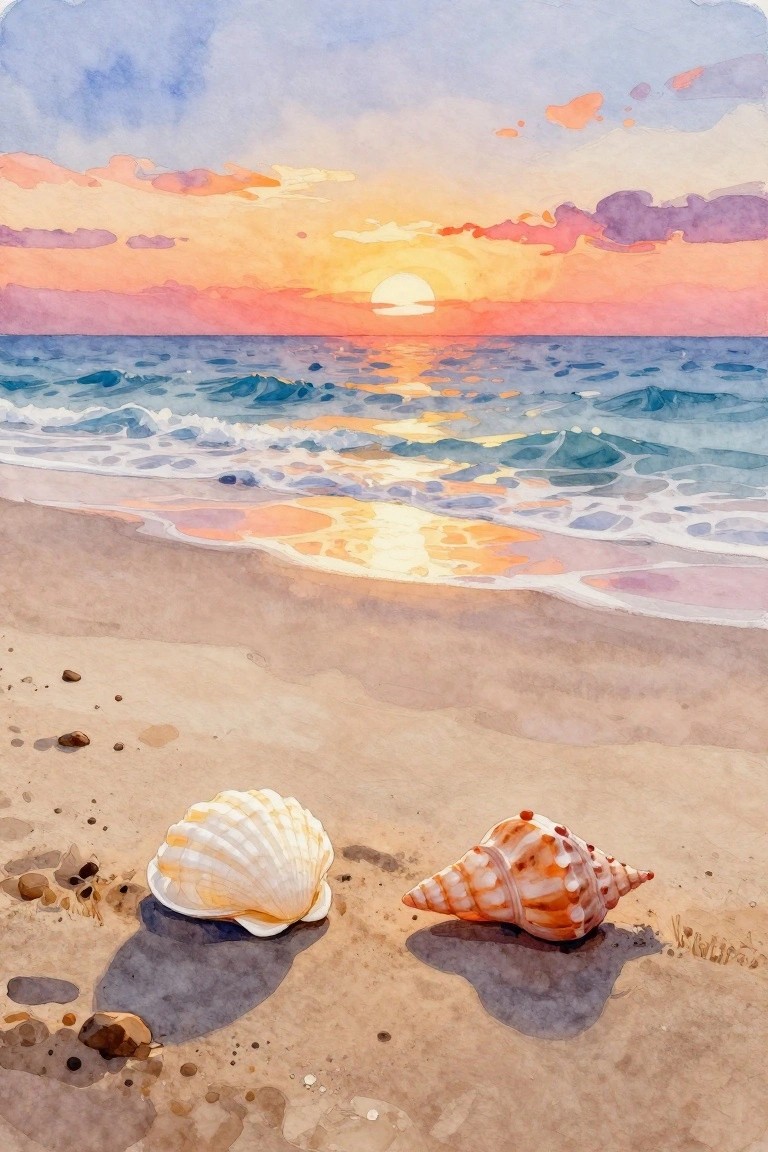 Watercolor sunset beach with two seashells on wet sand by ocean waves