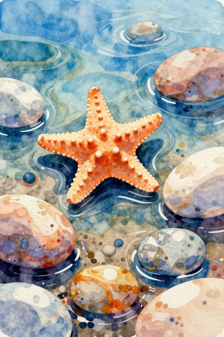 Orange starfish amid colorful pebbles in rippling blue water, watercolor painting.