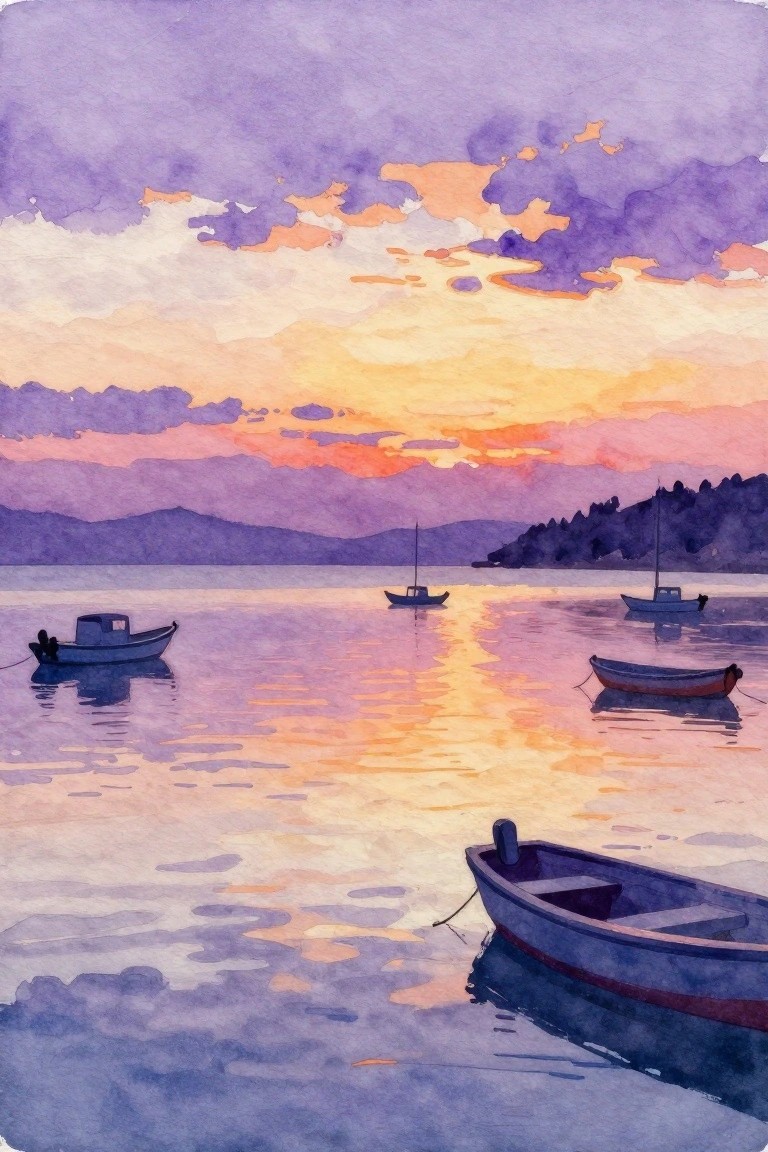 Watercolor seascape of boats on calm water under purple-orange sunset sky