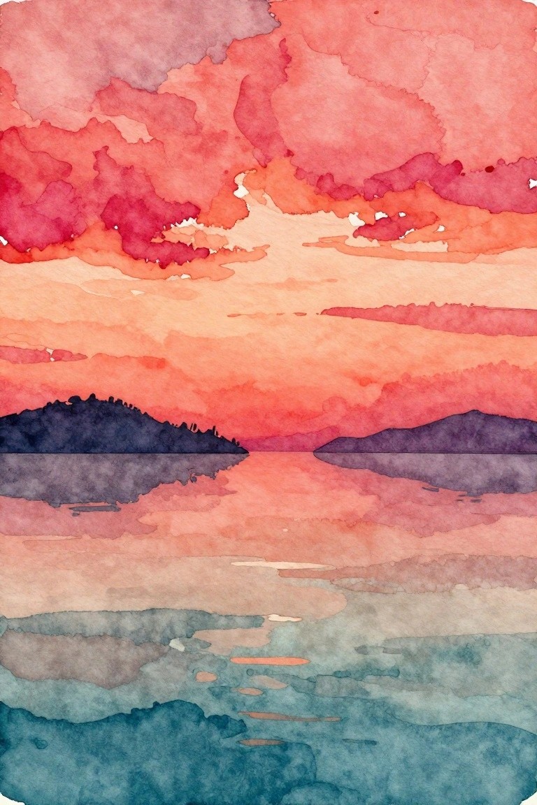Watercolor landscape of pink-orange sunset reflecting on water with dark island silhouettes