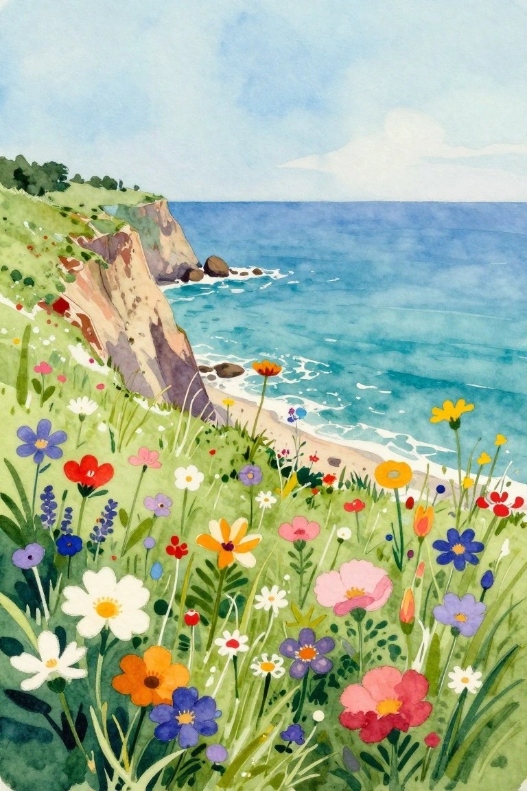 Watercolor painting of a grassy cliff edge covered in colorful wildflowers with ocean waves and distant cliffs below a light blue sky.