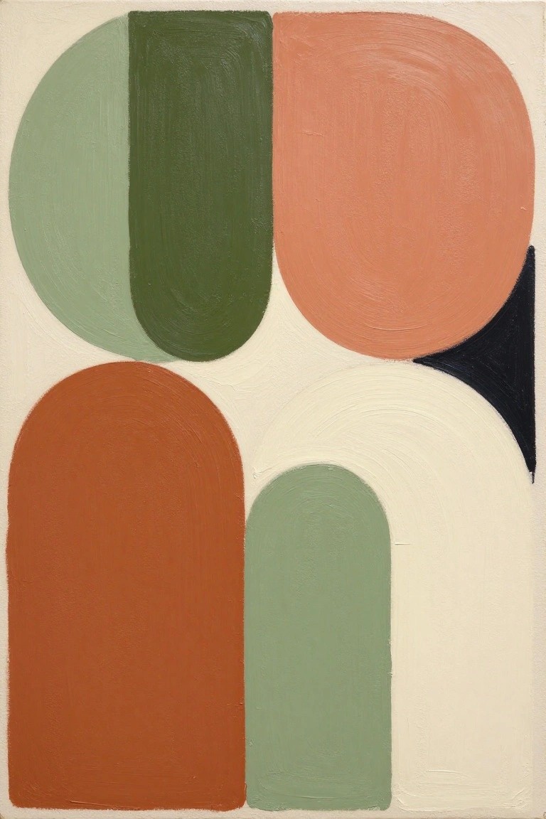Abstract geometric painting with overlapping arches in green, orange, and black.