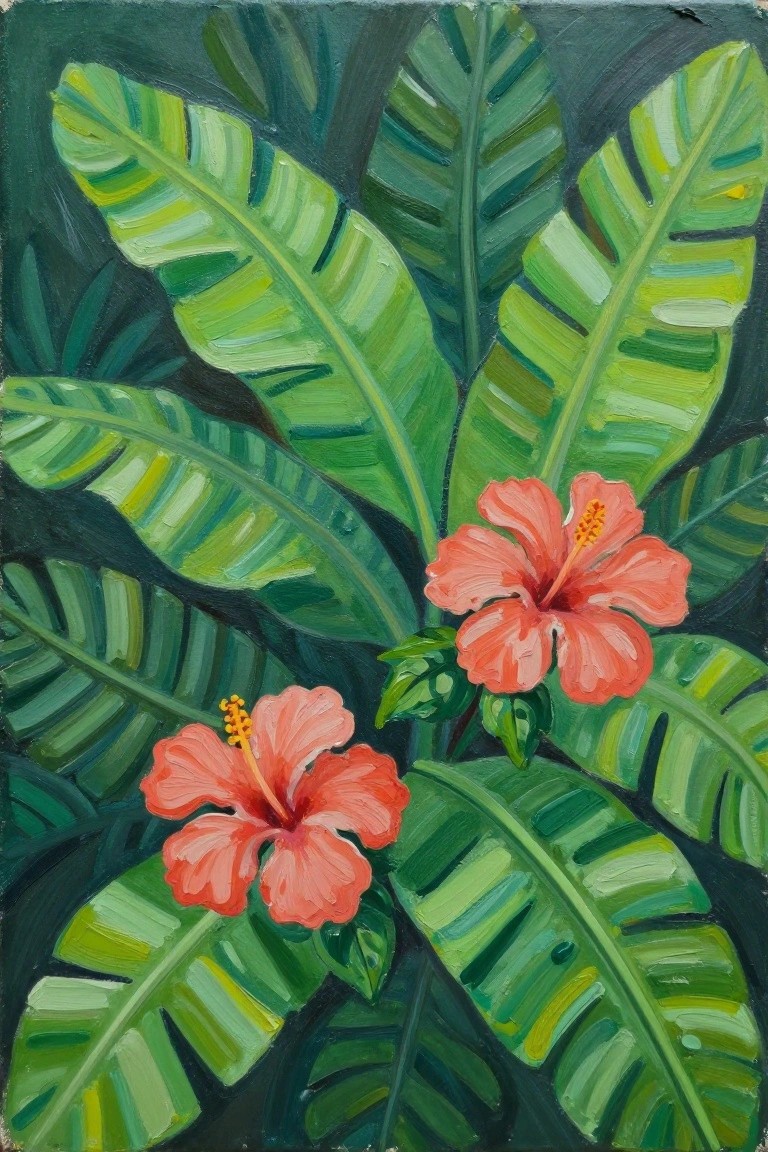 Two pink hibiscus flowers amid lush broad green tropical leaves painting