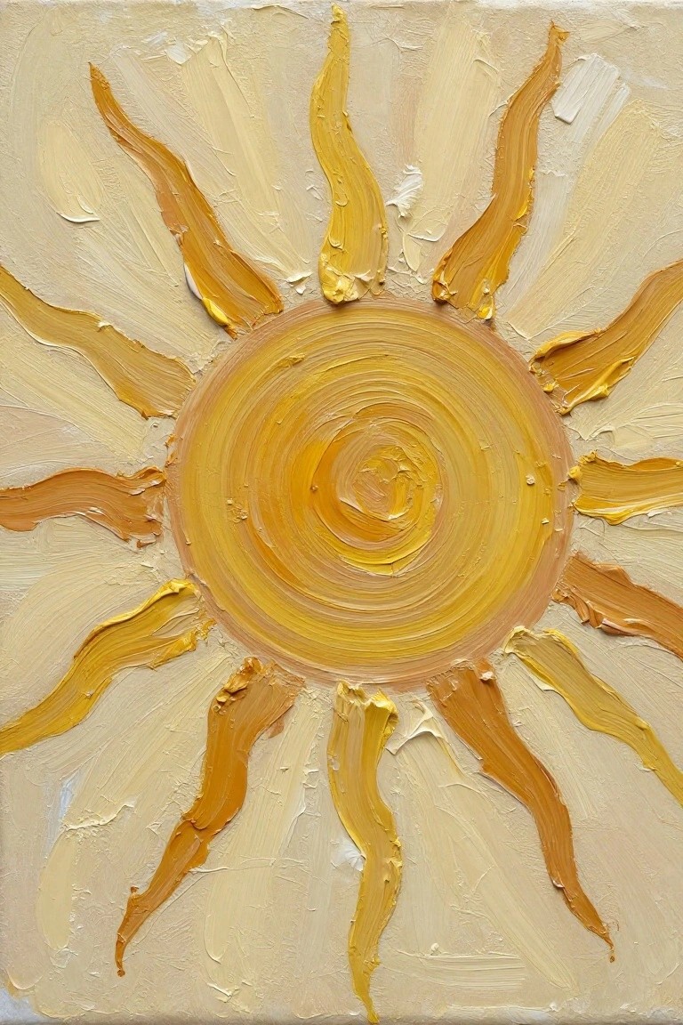 Thickly textured yellow sun with swirling center and radiating orange rays on beige.