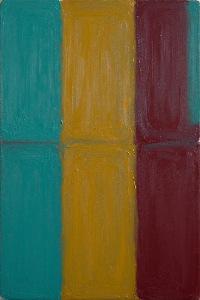Abstract painting with teal, yellow, and maroon vertical color blocks.