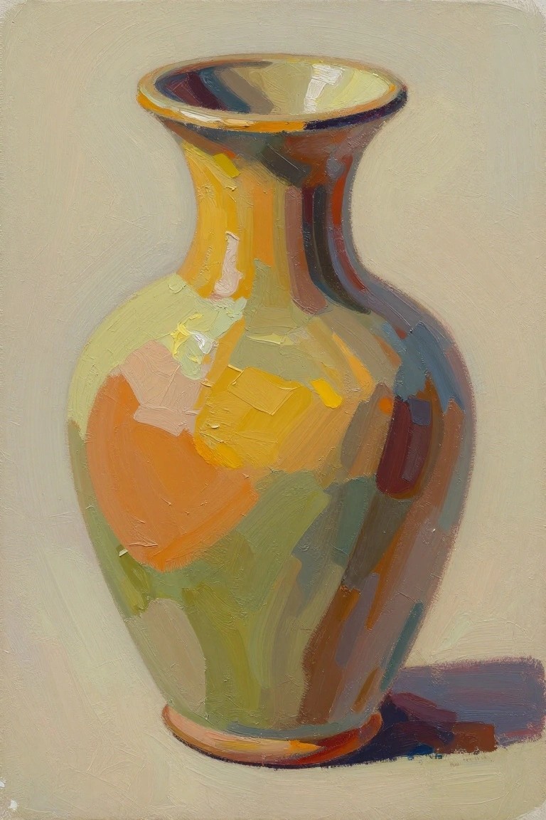 Vibrant still-life painting of a multicolored vase with bold brushstrokes and shadow.