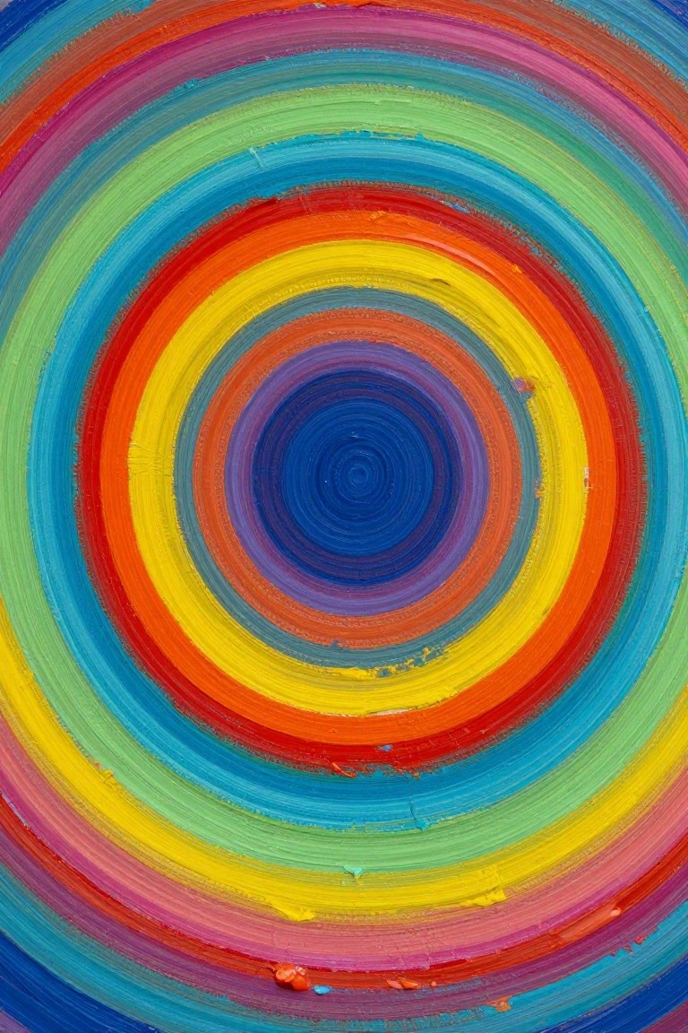 Vibrant concentric circles in rainbow hues with thick textured brushstrokes.