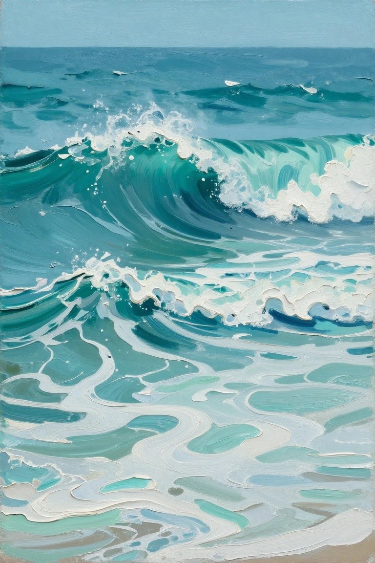 Thickly painted turquoise waves with white foam crests in a seascape