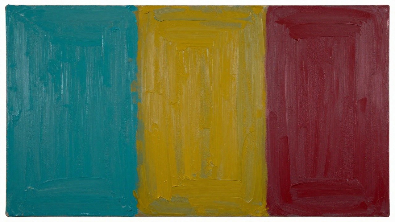 Abstract painting with teal, yellow, and maroon vertical color blocks.