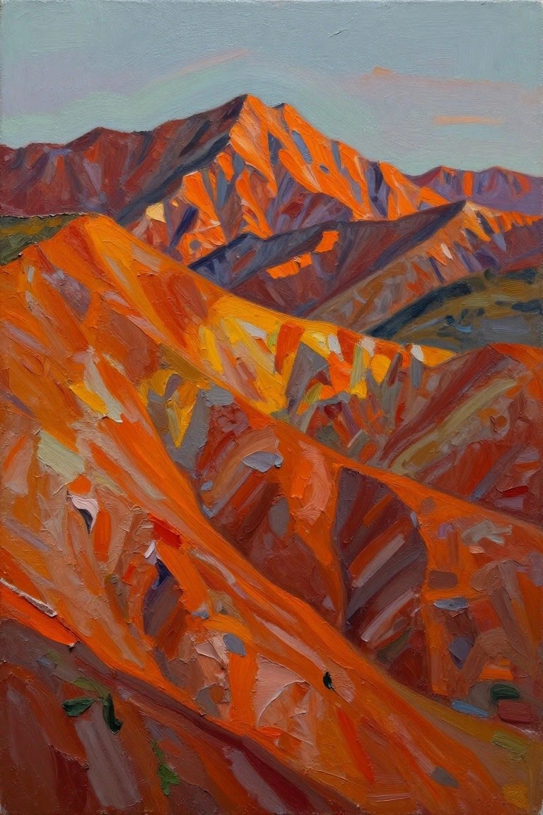 Vivid impasto painting of rugged orange-red mountains with purple shadows under blue sky.