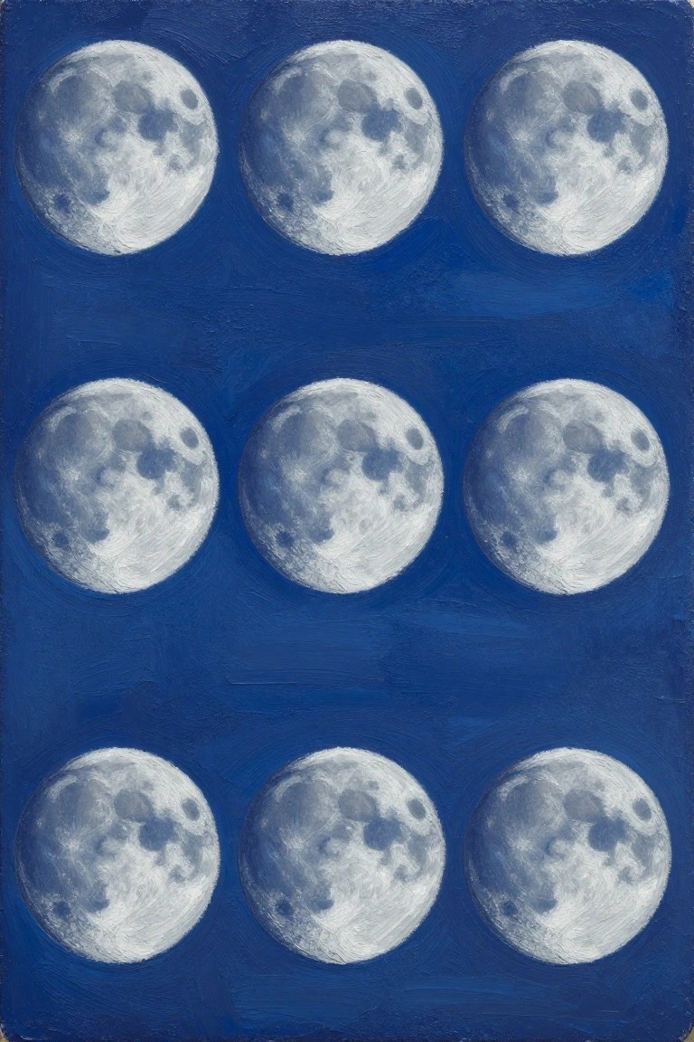 Nine cratered full moons arranged in a 3x3 grid on deep blue background.