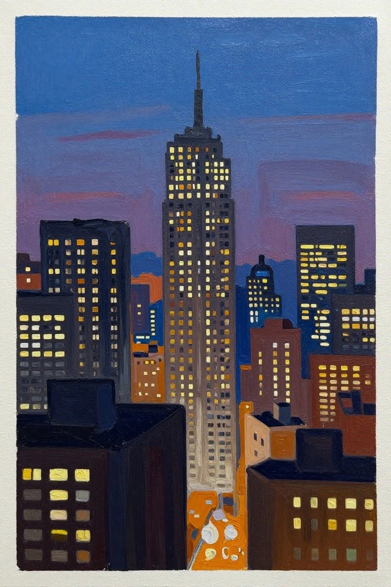 Nighttime city skyline painting with glowing Empire State Building against purple sky