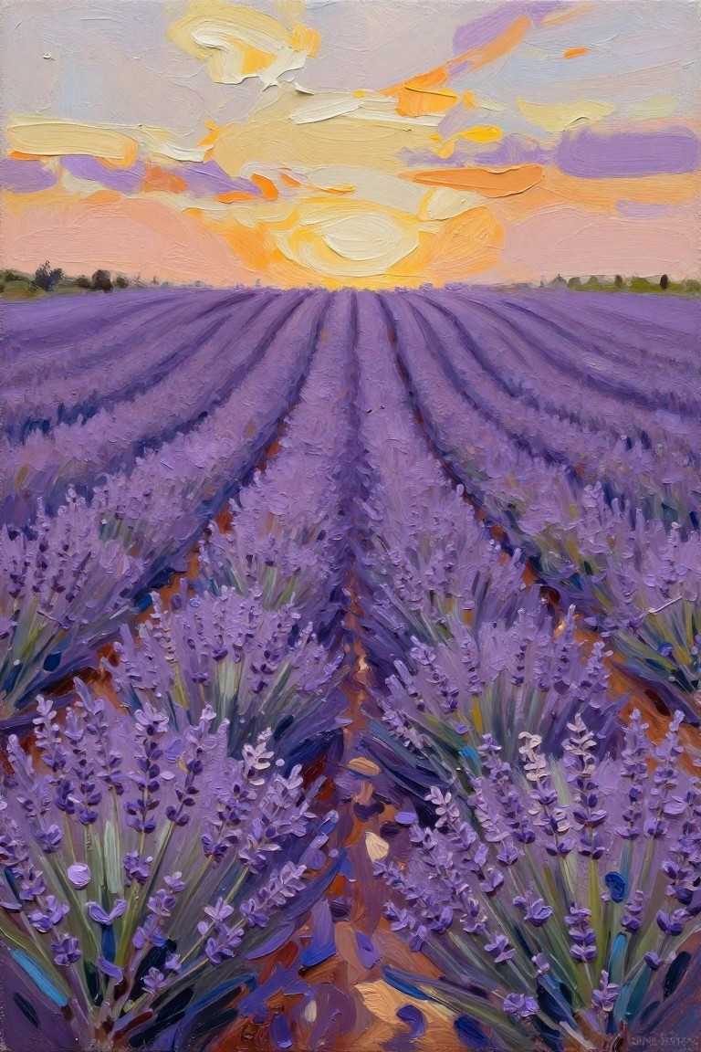 Rows of blooming lavender leading to vibrant orange sunset in oil painting
