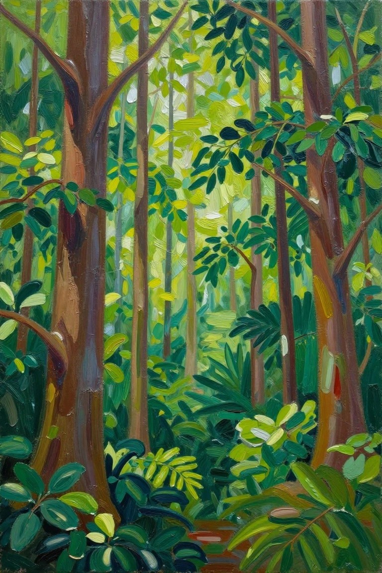 Vibrant oil painting of dense forest with tall brown trunks and lush green foliage
