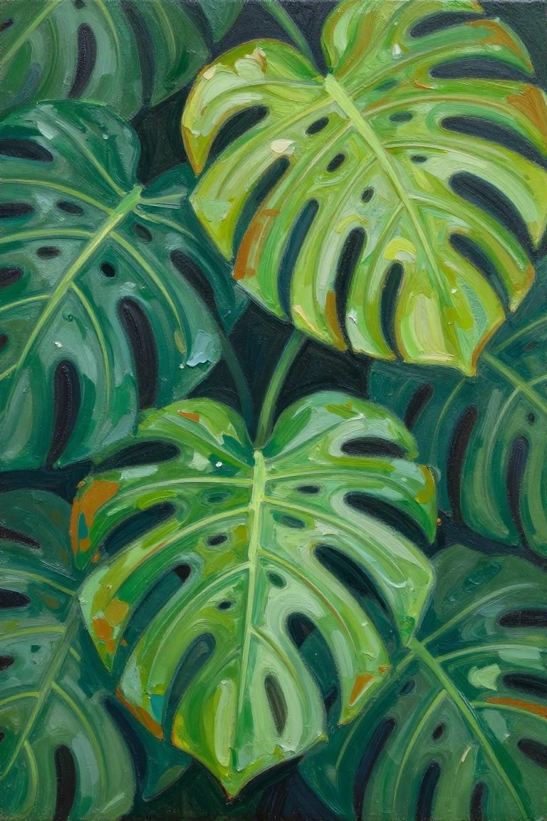 Vibrant green Monstera leaves with holes, painted in bold brushstrokes.