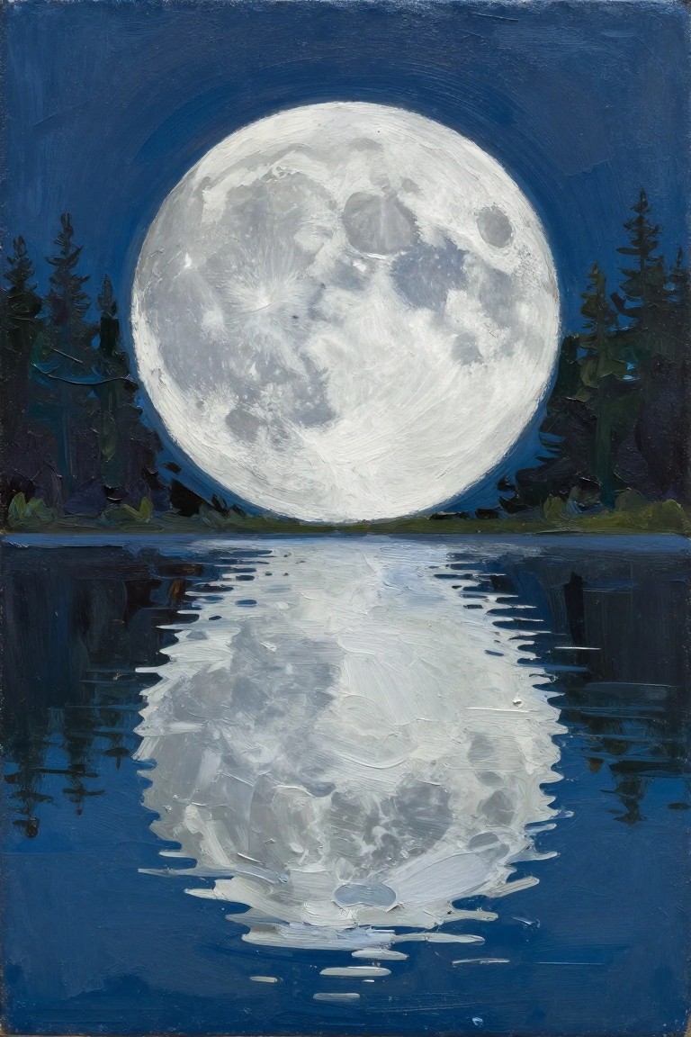 Large full moon glowing above lake with rippled reflection and pine trees at night