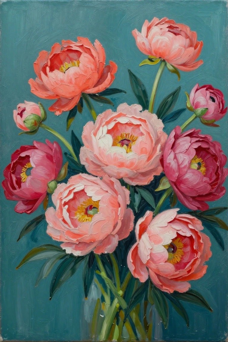 Vibrant pink and coral peonies with green leaves on a teal background