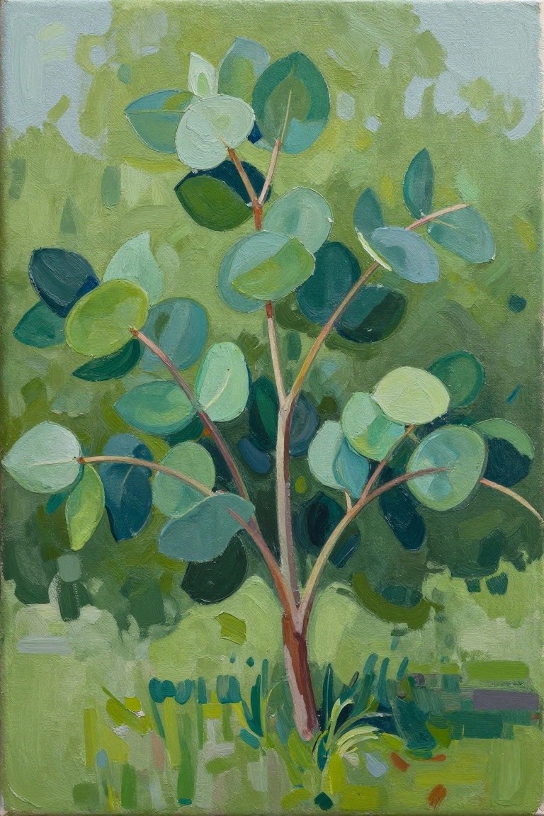 Impressionist painting of tree with round green-blue leaves and reddish branches