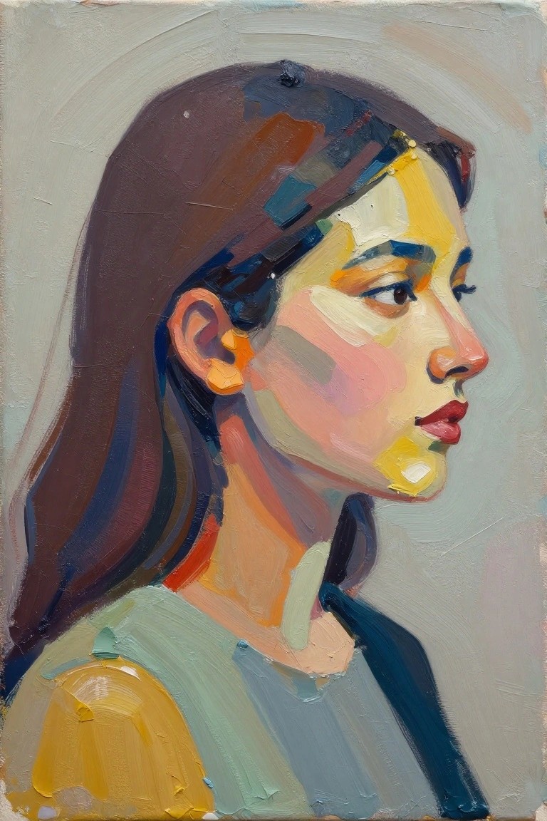 Colorful oil painting of woman in profile with long dark hair and green top.