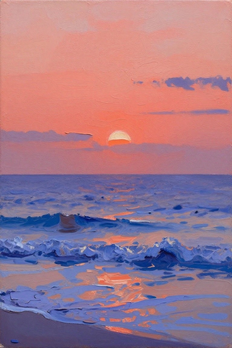 Vibrant oil painting of sunset over ocean with pink sky and blue waves.