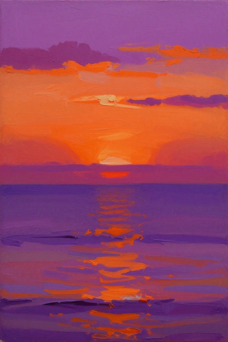 An acrylic painting of a bold orange and purple sunset over water with the sun low on the horizon and its reflection visible below.