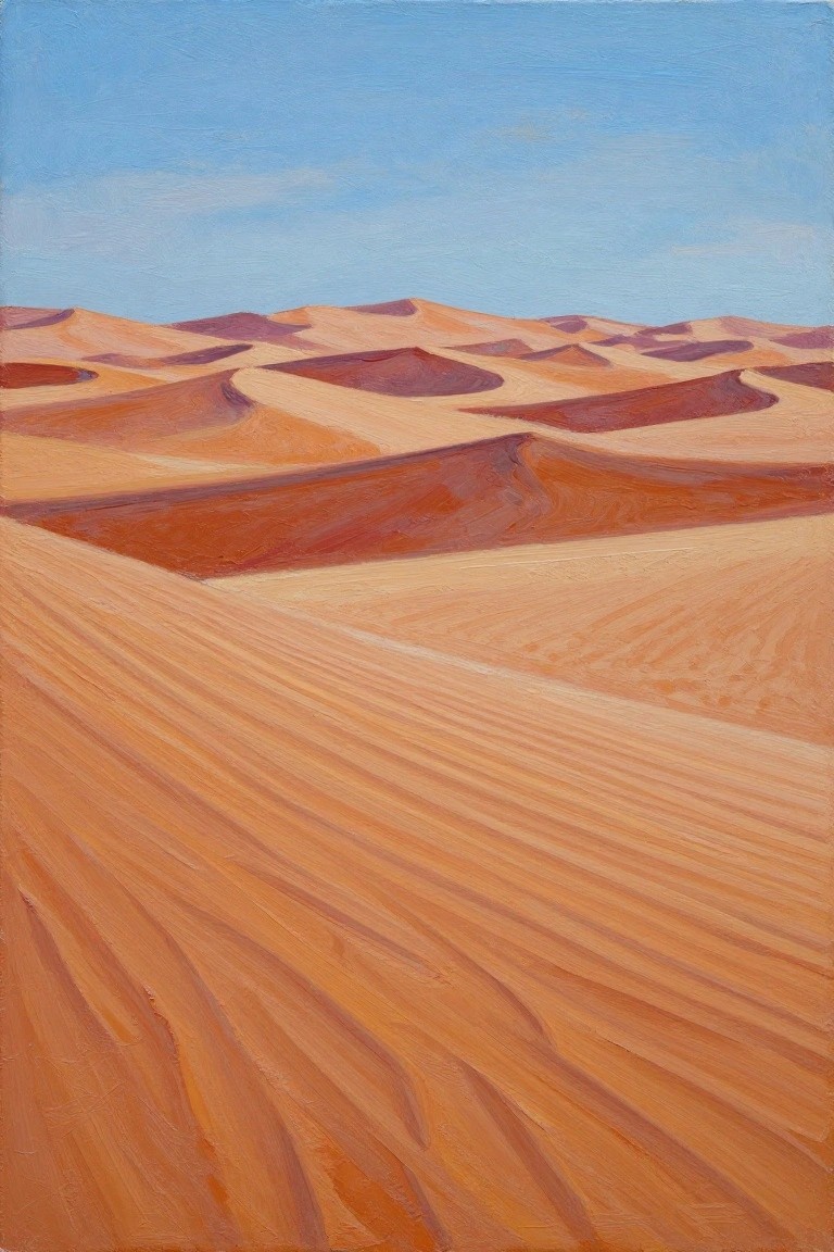 Rolling orange sand dunes under clear blue sky in desert landscape