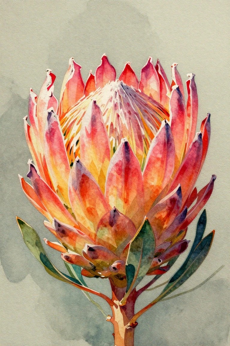 Vibrant watercolor protea with red, orange, and pink petals on a leafy stem.