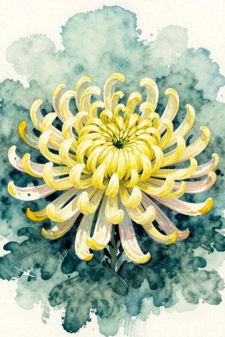 Yellow chrysanthemum with curled petals in watercolor on teal splattered background.