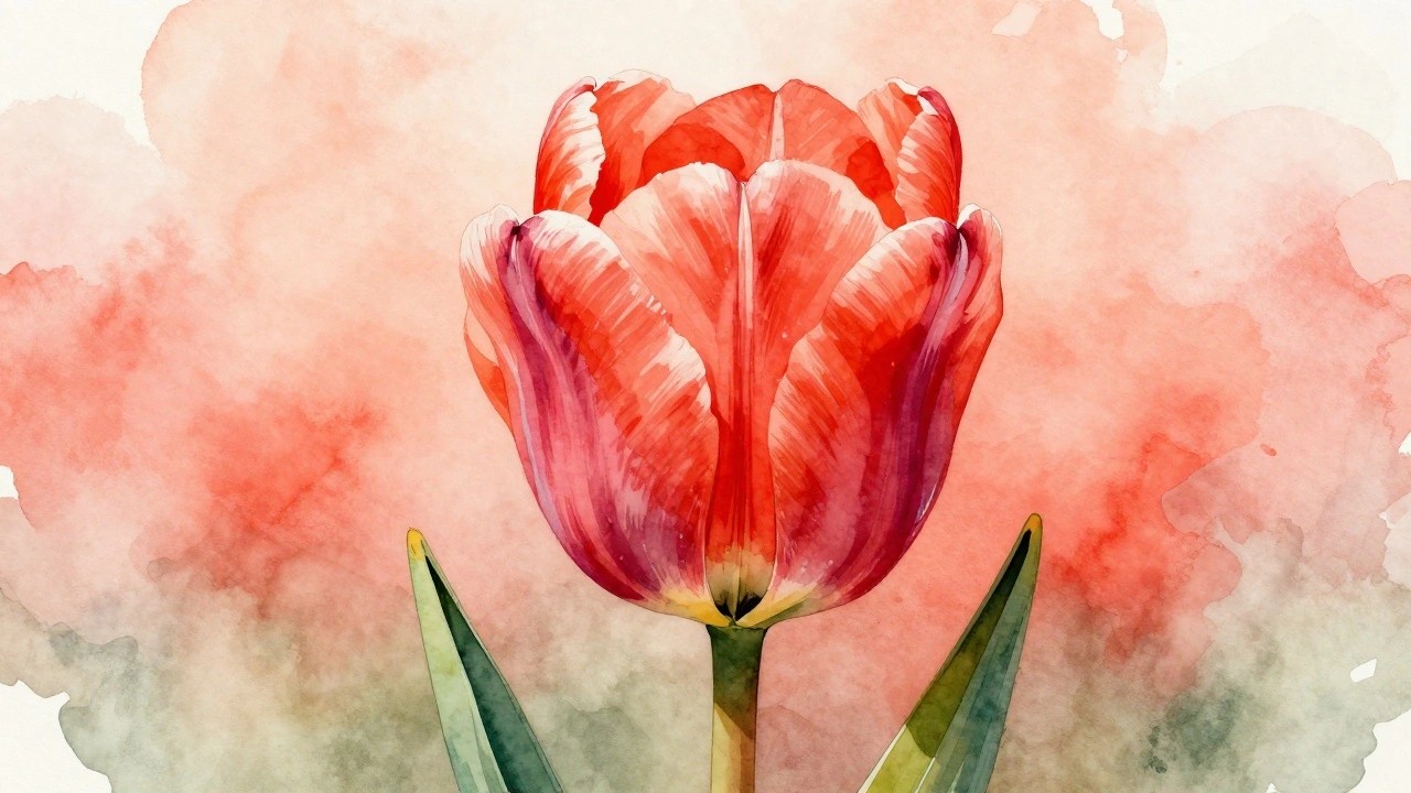A red tulip with layered petals and a green stem painted against a soft peach watercolor background.