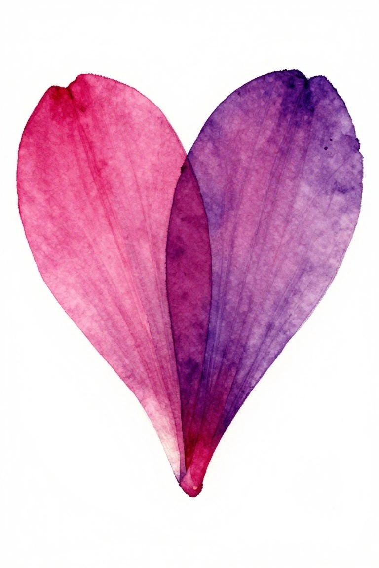 Watercolor painting of pink and purple petals forming a heart shape