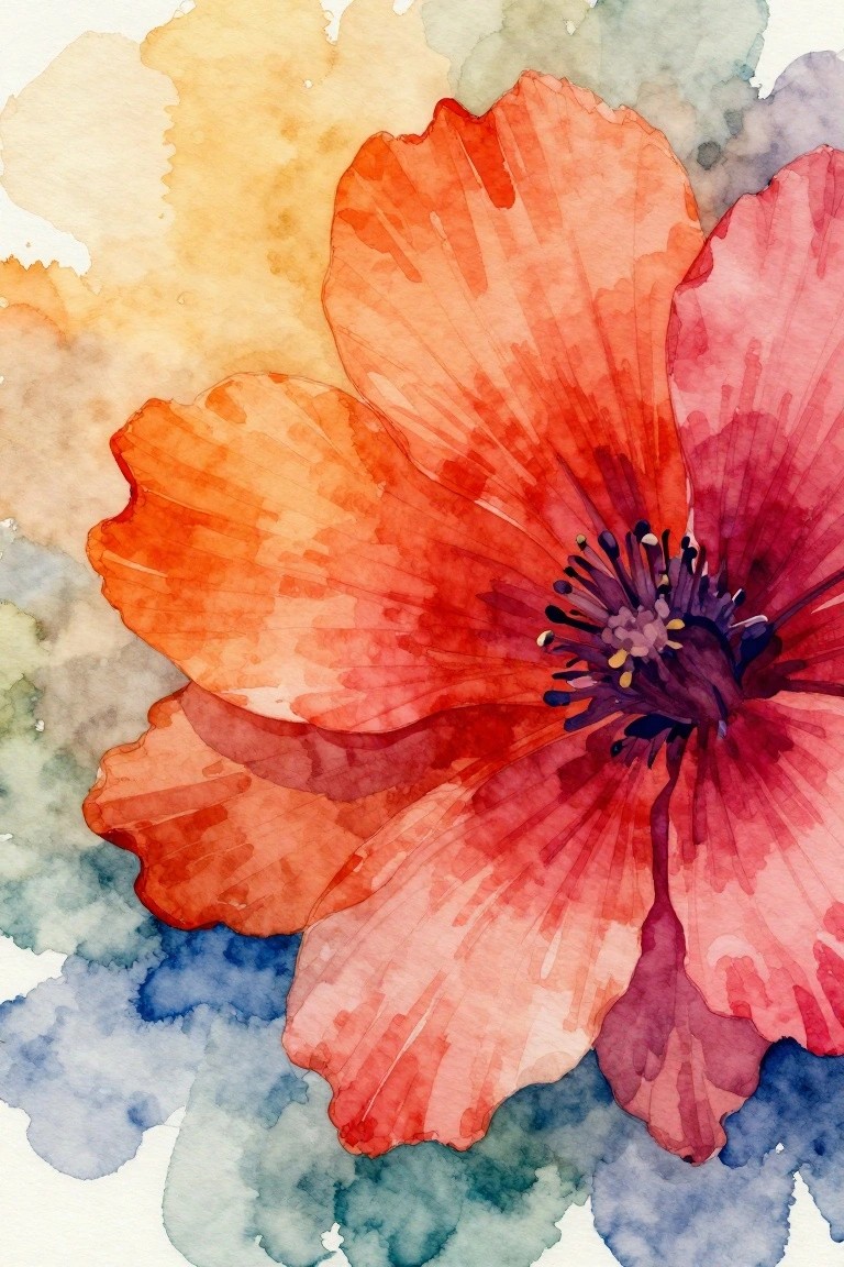 Vibrant red-orange watercolor poppy with purple center and colorful abstract background