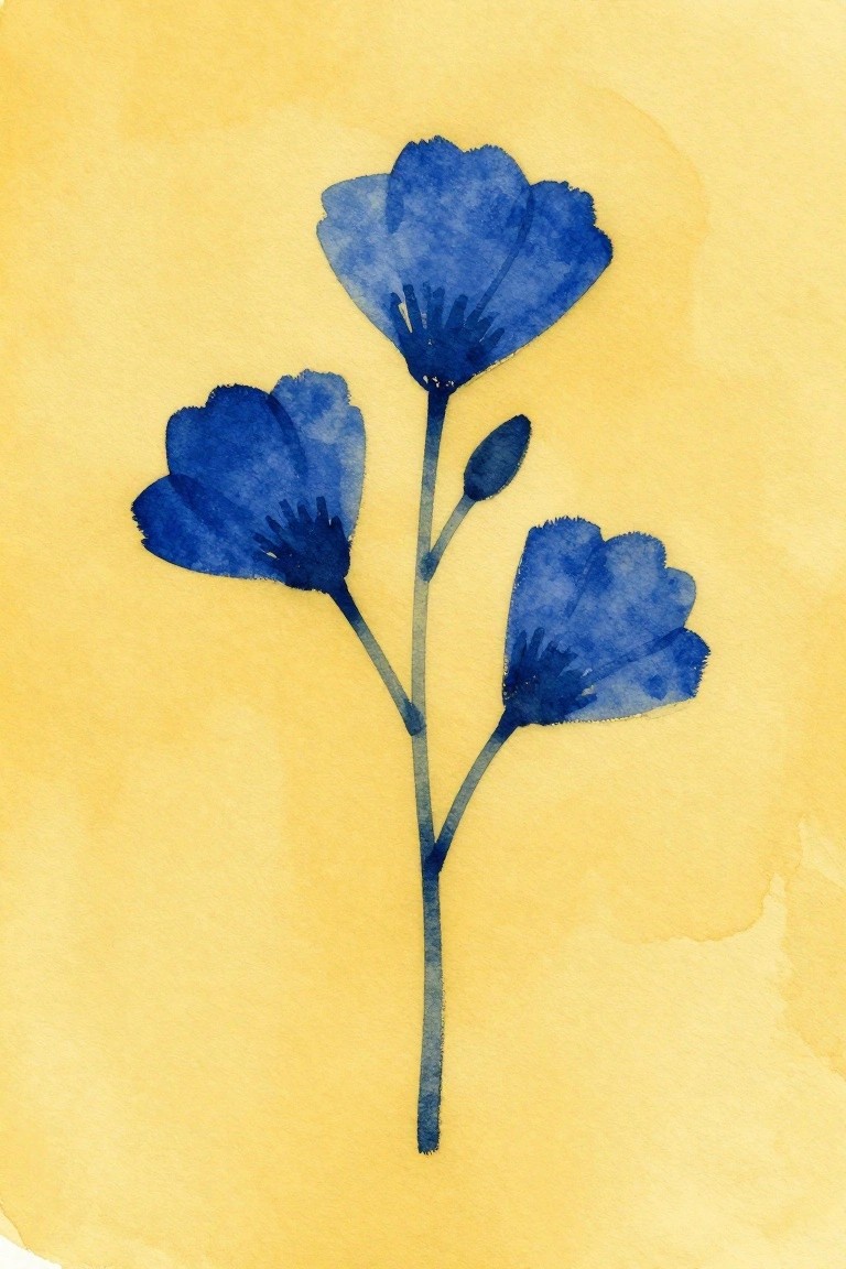 A loose watercolor painting of three blue flowers and one bud on a single stem against a yellow background.