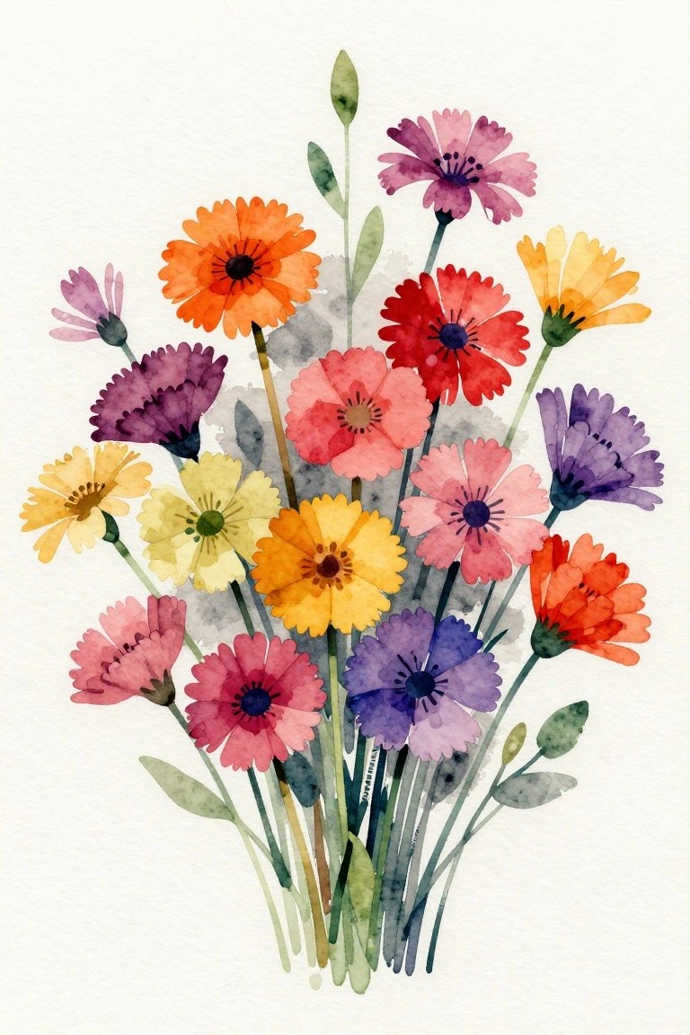 Vibrant watercolor bouquet of colorful daisies in orange, red, yellow, pink, and purple hues