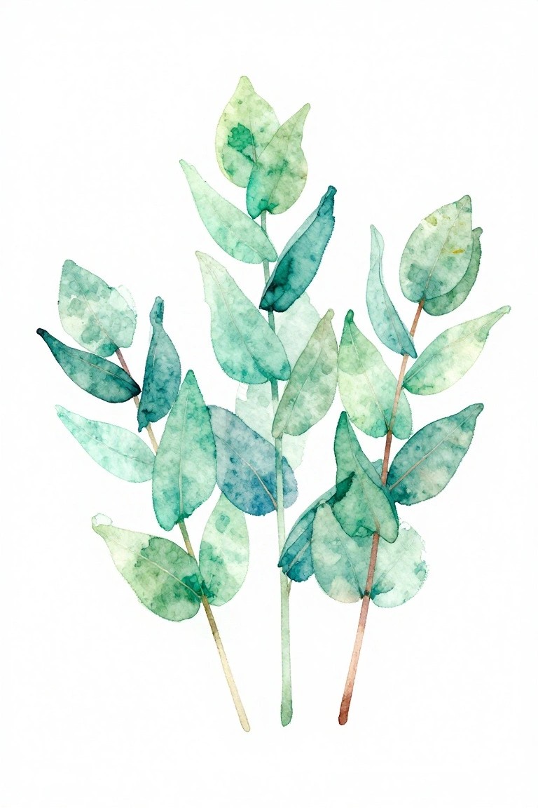 Watercolor eucalyptus branches with green, teal, and blue leaves on brown stems.