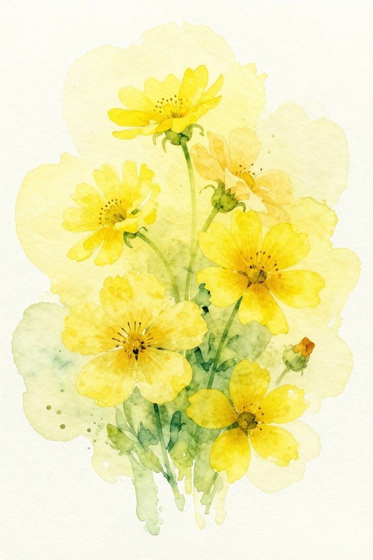 Yellow watercolor flowers with green stems on soft pale background splashes