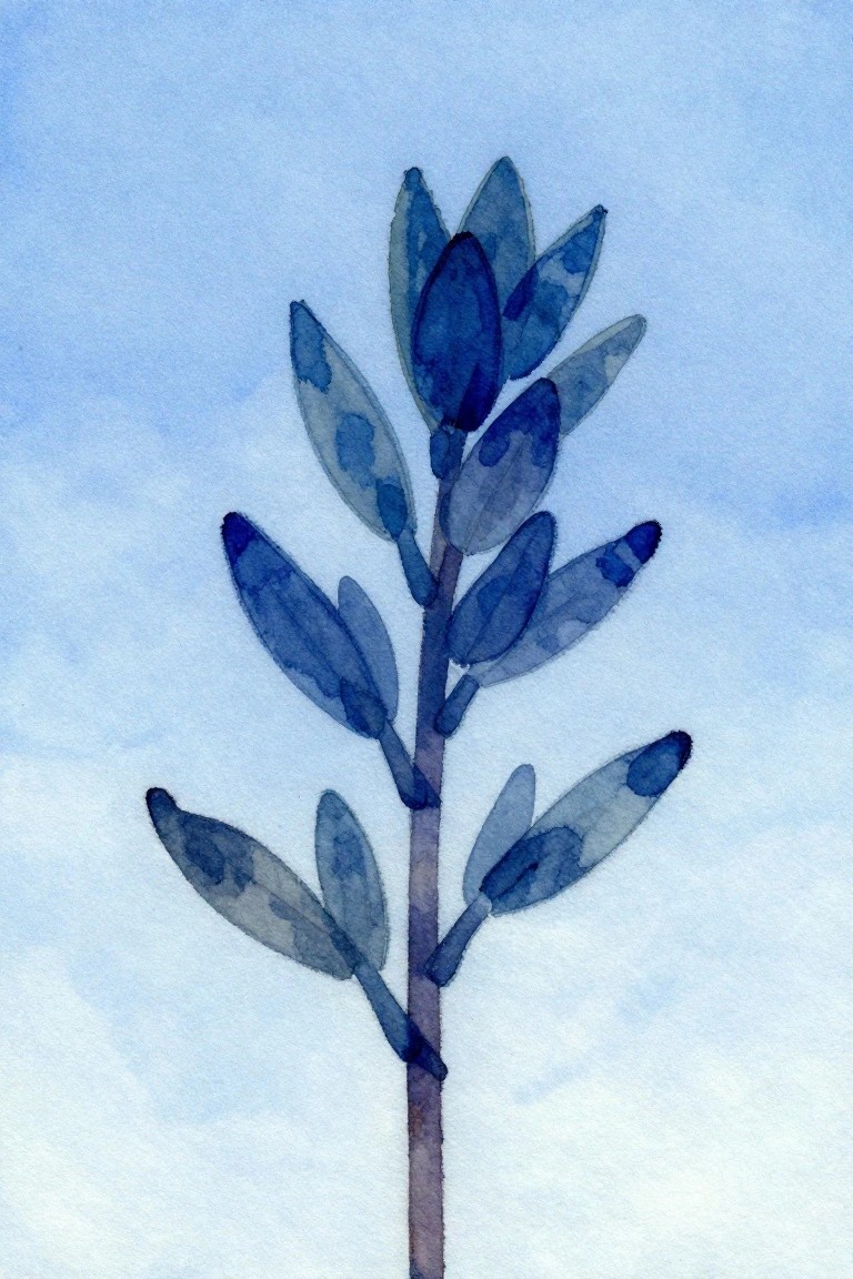 A watercolor painting of a tall plant stem with oval blue leaves on a light blue background.