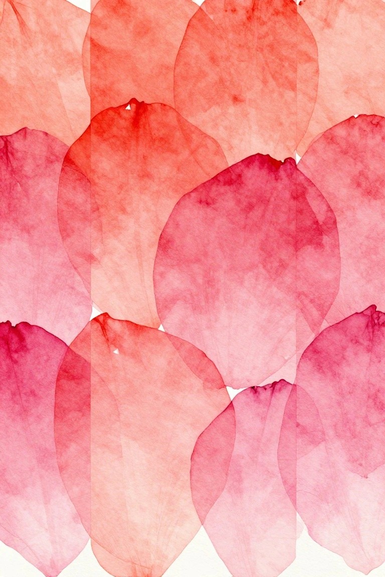 Overlapping translucent red and pink watercolor petal shapes on white background
