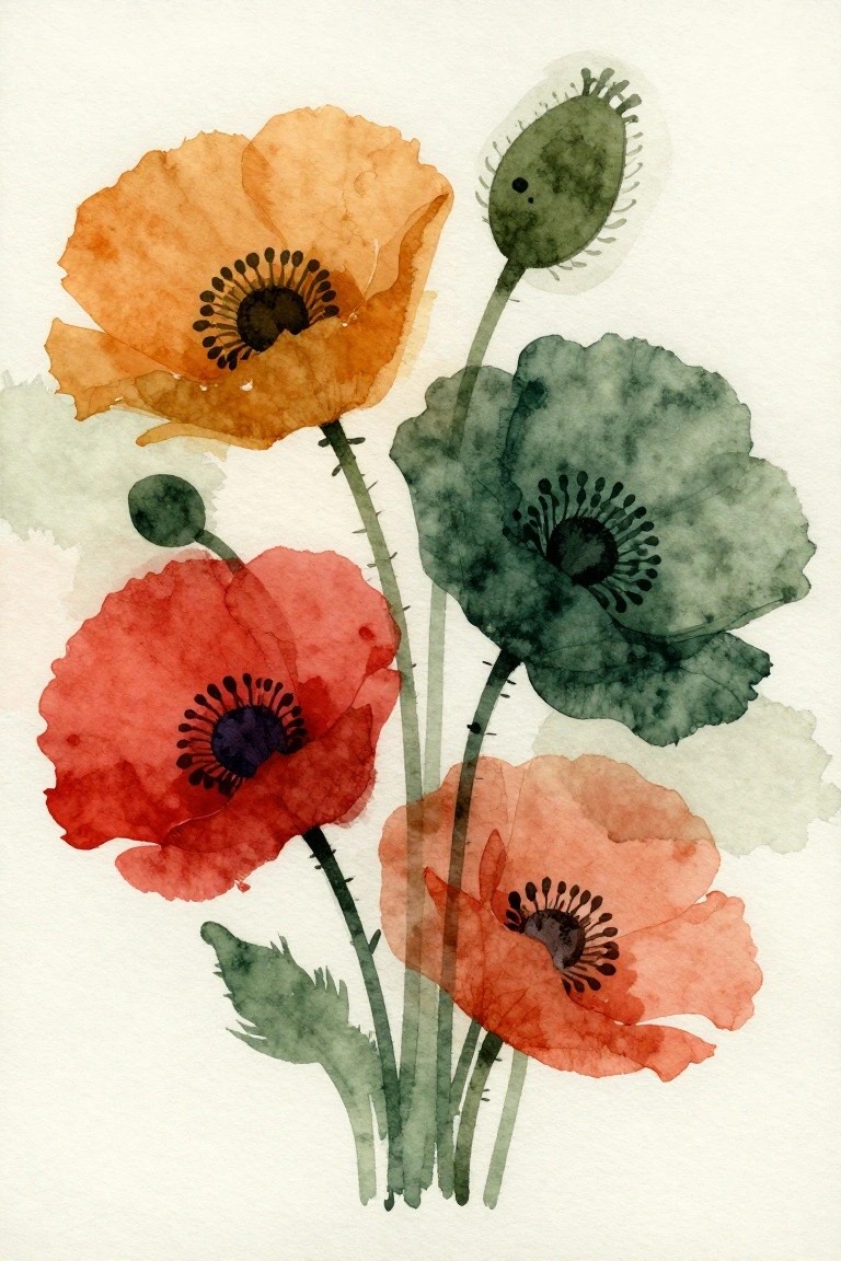 A watercolor painting of poppy flowers in red, orange, and green tones with buds and leaves on a white background.