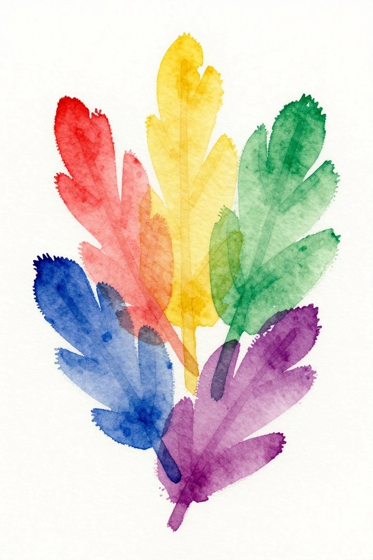 Overlapping rainbow watercolor leaves in red, orange, yellow, green, blue, and purple hues