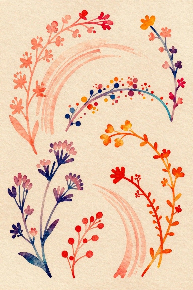 Watercolor floral branches in red, orange, and purple with curved brushstrokes.