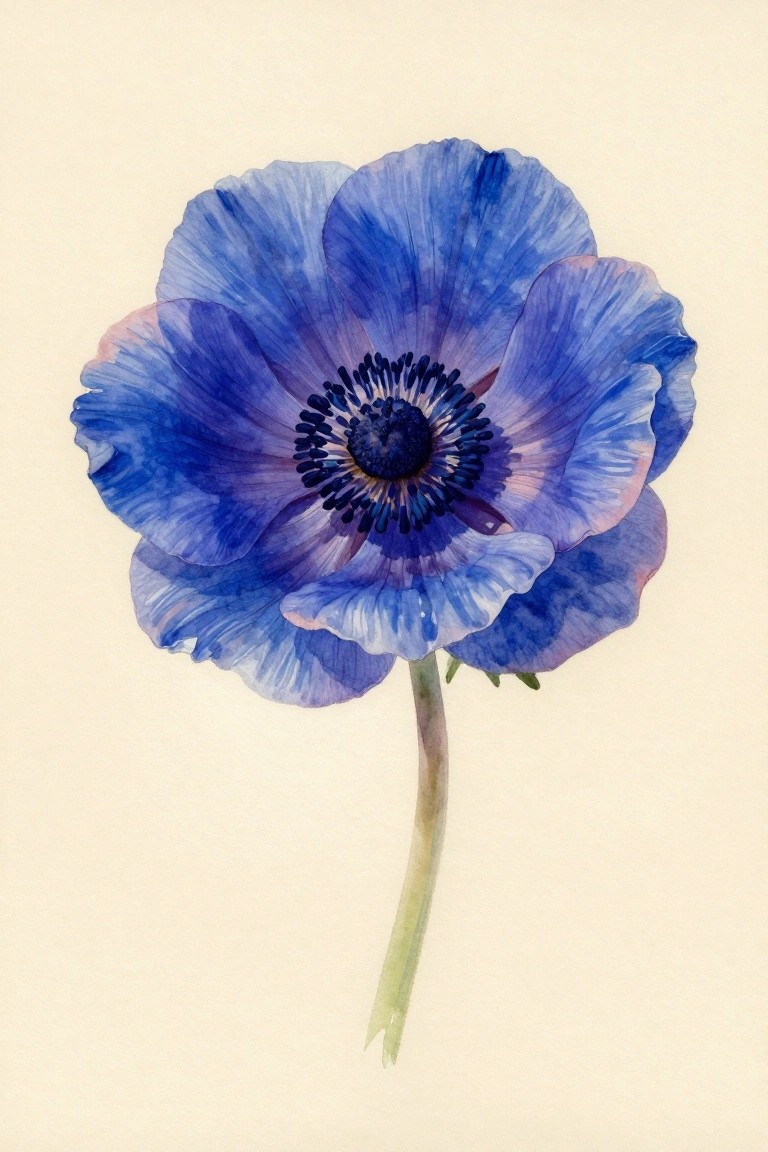 Watercolor blue anemone with ruffled petals, dark center, and slender green stem
